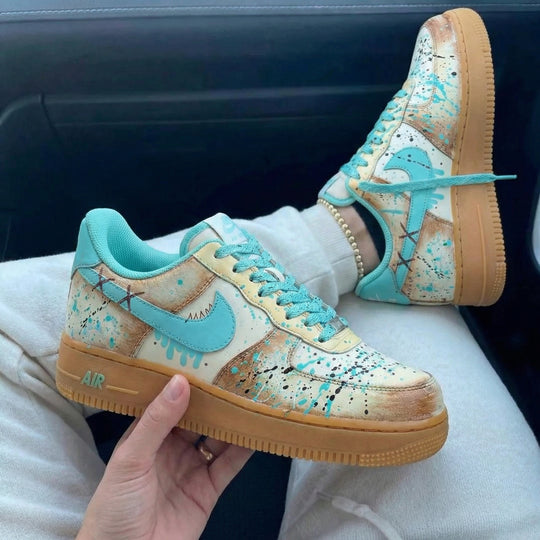 Custom Air Force 1 Turquoise Tan Splatter Design