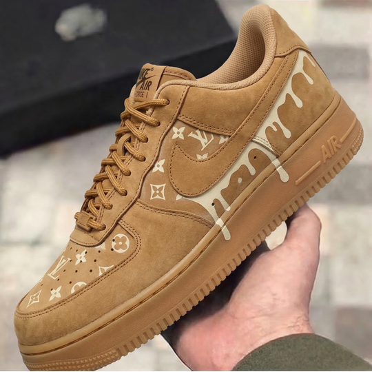 Custom Air Force 1 Wheat LV Logo Drip Design