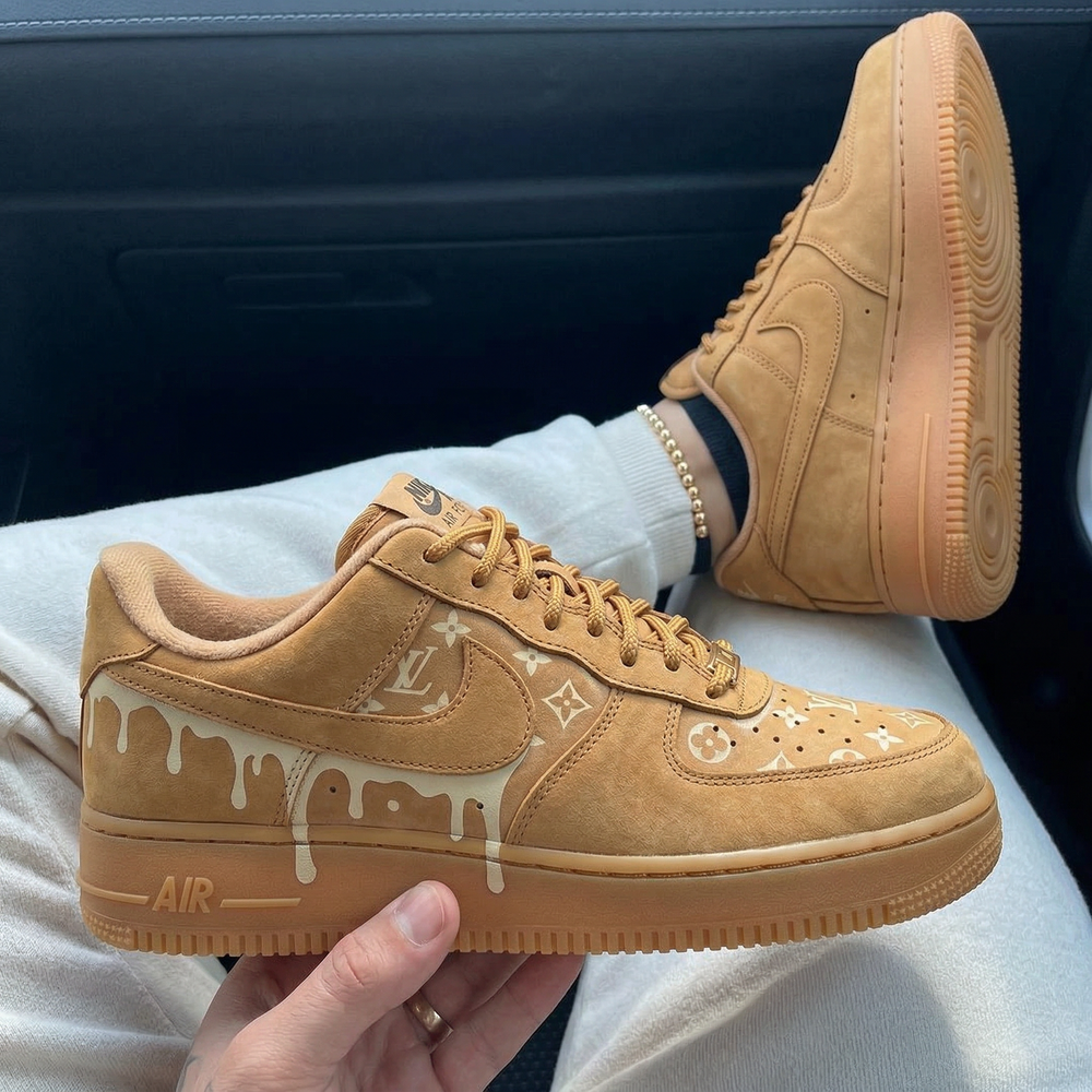 Custom Air Force 1 Wheat LV Logo Drip Design