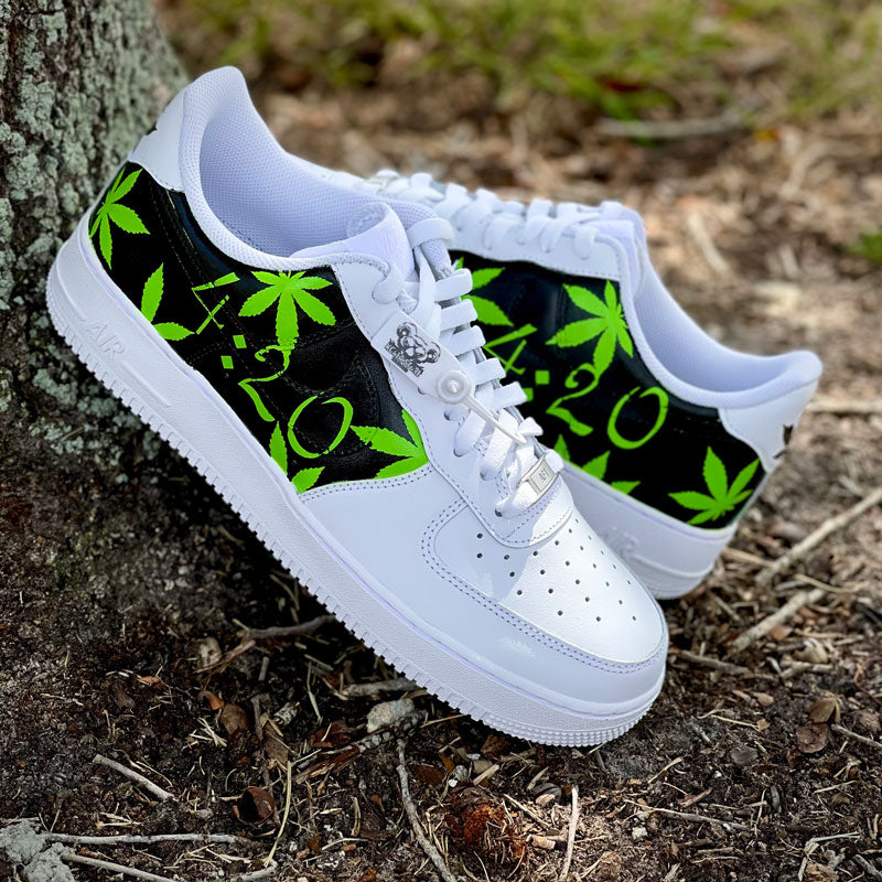 Custom Air Force 1 White And Black With Green Weed Leaf Pattern 