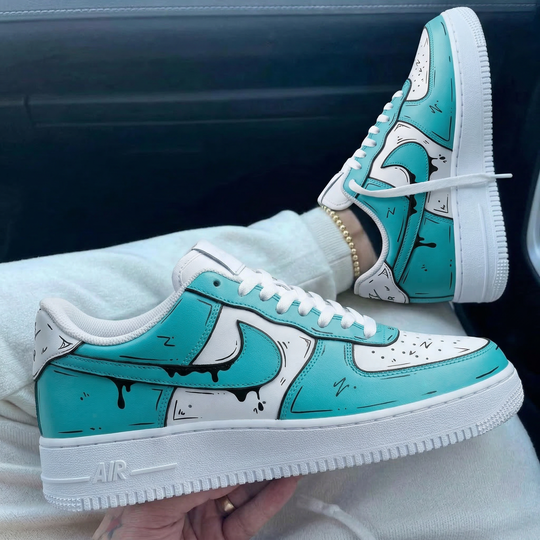 Custom Air Force 1 White Baby Blue Cartoon Drip Pattern