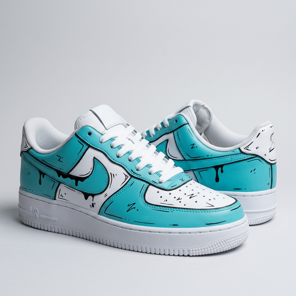 Custom Air Force 1 White Baby Blue Cartoon Drip Pattern