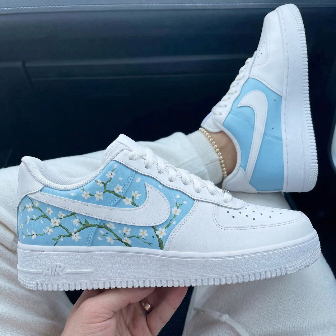 Custom Air Force 1 White Baby Blue Cherry Blossoms