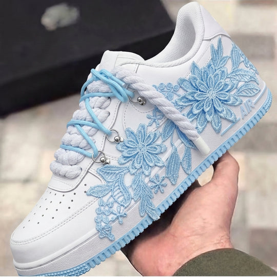 Custom Air Force 1 White Baby Blue Embroidered Flowers