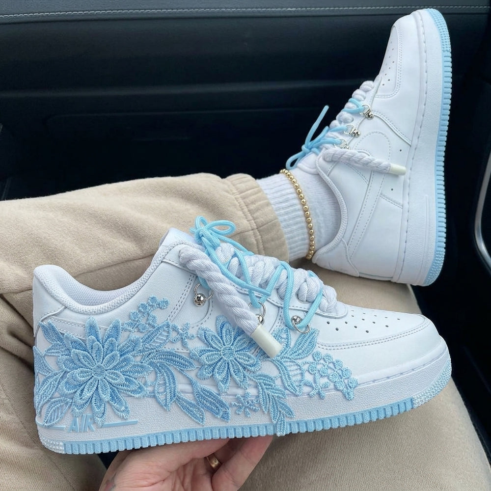 Custom Air Force 1 White Baby Blue Embroidered Flowers