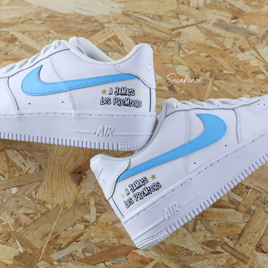 Custom Air Force 1 White Baby Blue French Text Design