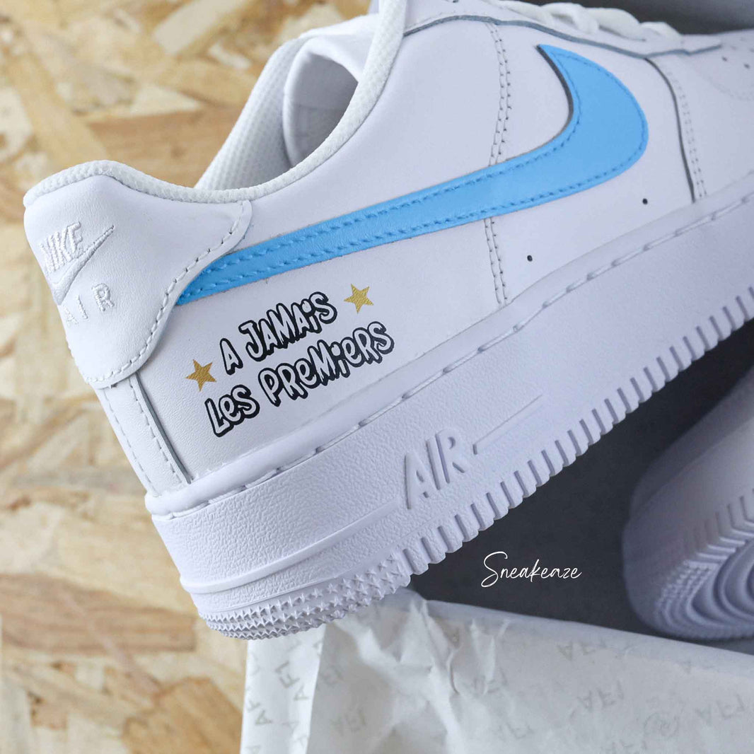 Custom Air Force 1 White Baby Blue French Text Design