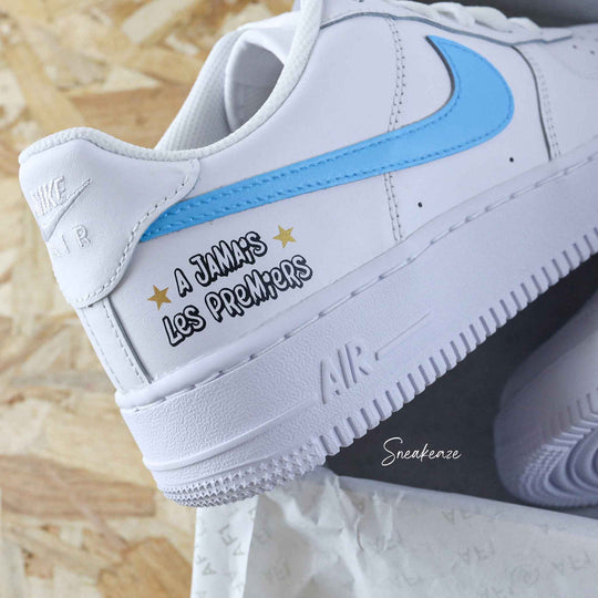Custom Air Force 1 White Baby Blue French Text Design