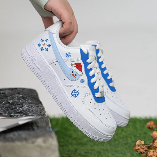 Custom Air Force 1 White Baby Blue Snowman Snowflakes Christmas Theme