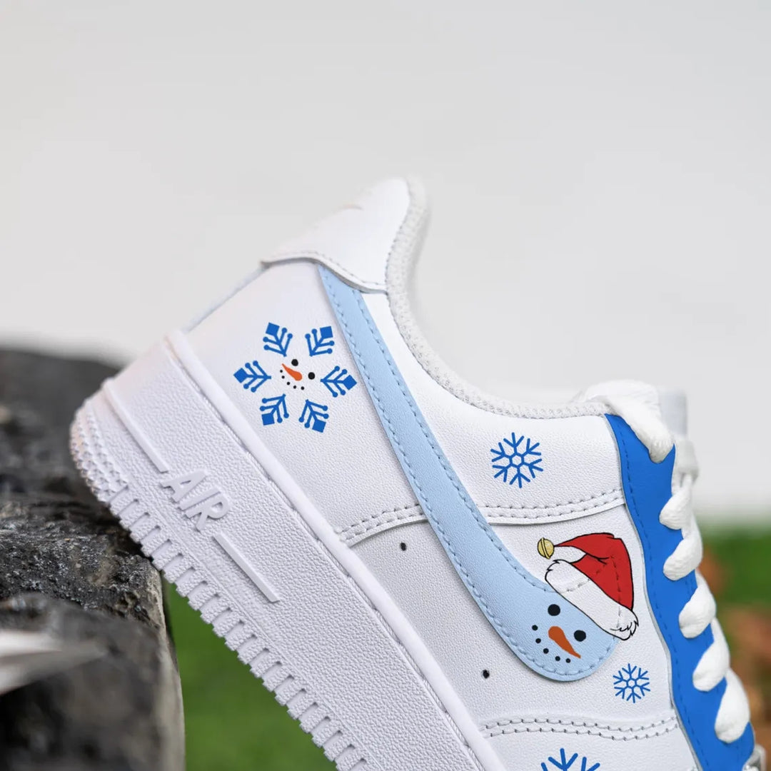 Custom Air Force 1 White Baby Blue Snowman Snowflakes Christmas Theme