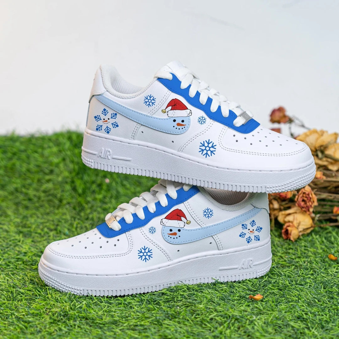 Custom Air Force 1 White Baby Blue Snowman Snowflakes Christmas Theme