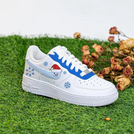 Custom Air Force 1 White Baby Blue Snowman Snowflakes Christmas Theme