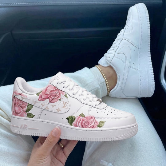 Custom Air Force 1 White Baby Pink Roses LV Logo