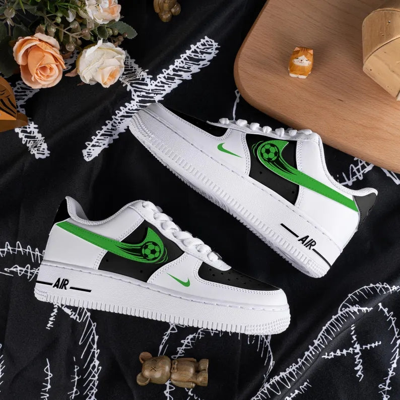 Custom Air Force 1 White Black With Green Soccer Ball