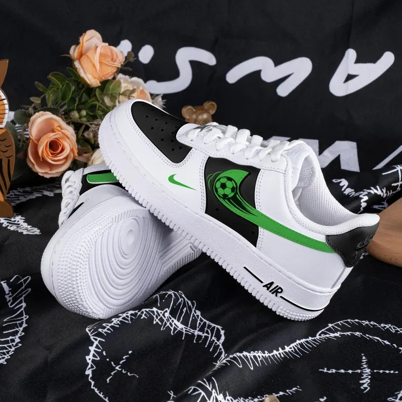 Custom Air Force 1 White Black With Green Soccer Ball