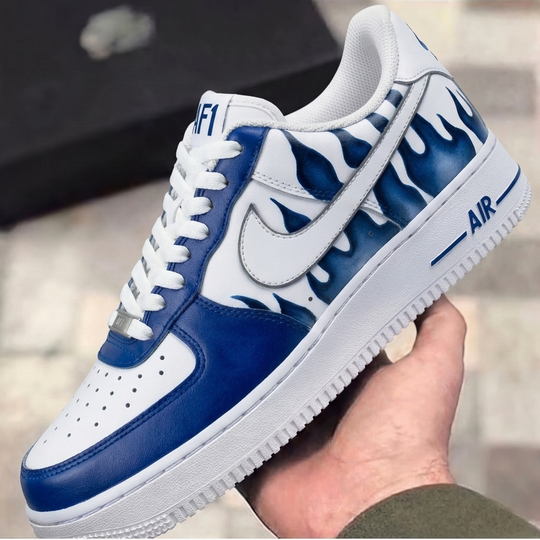 Custom Air Force 1 White Blue Flame