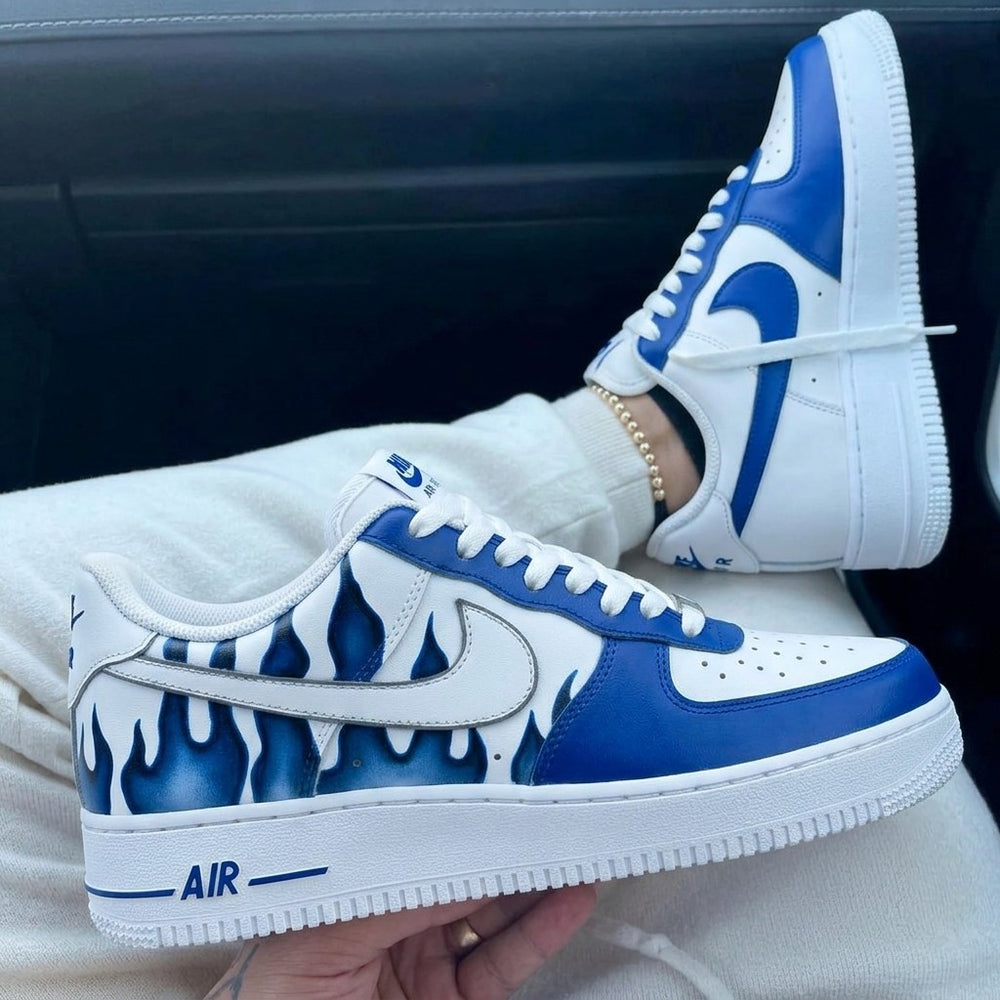 Custom Air Force 1 White Blue Flame