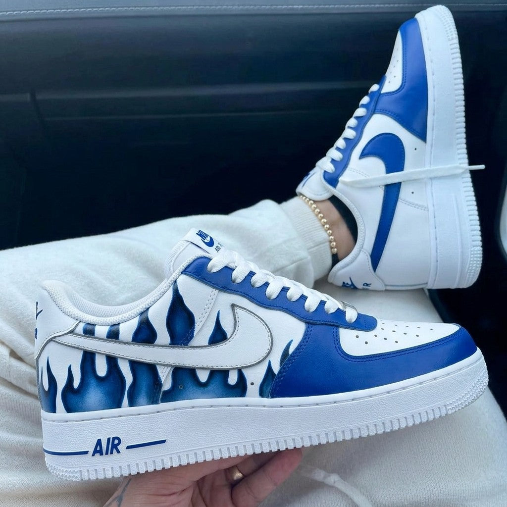 Custom Air Force 1 White Blue Flame