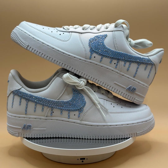 Custom Air Force 1 White Blue Rhinestones Dripping