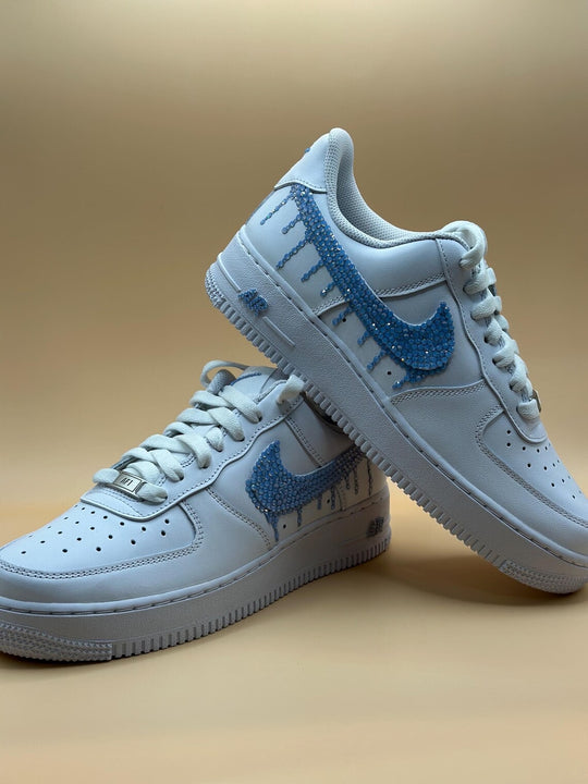 Custom Air Force 1 White Blue Rhinestones Dripping