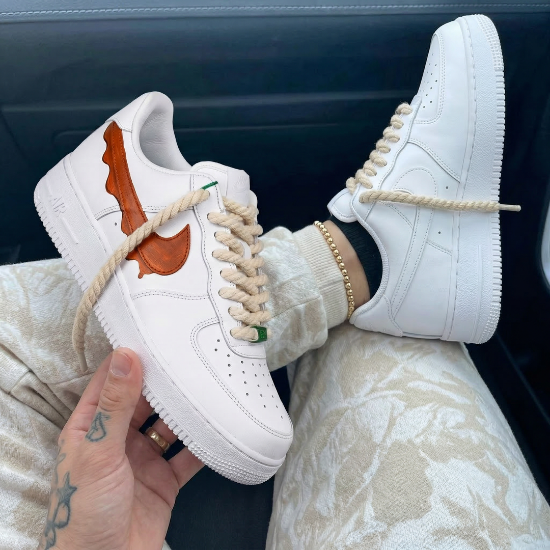 Custom Air Force 1 White Brown Dripping Swoosh Rope Laces