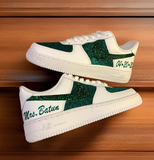 Custom Air Force 1 White Green Glitter With Diamond