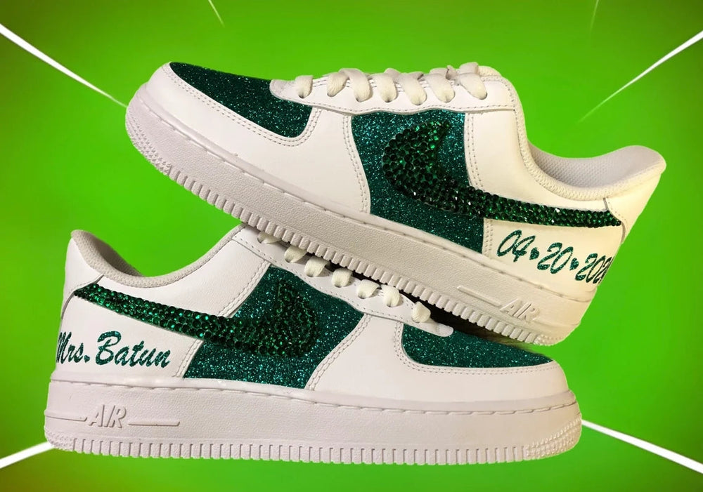 Custom Air Force 1 White Green Glitter With Diamond