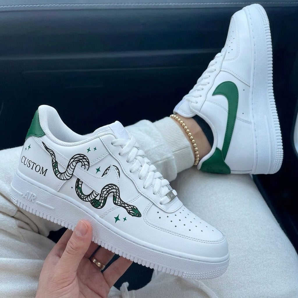 Custom Air Force 1 White Green Snake Stars Design
