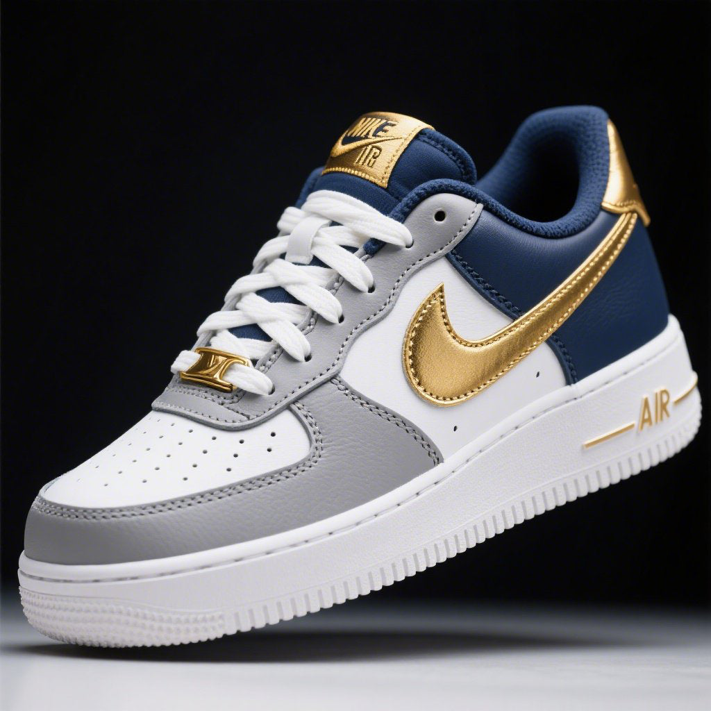 Custom Air Force 1 White Grey Navy And Gold Trim 