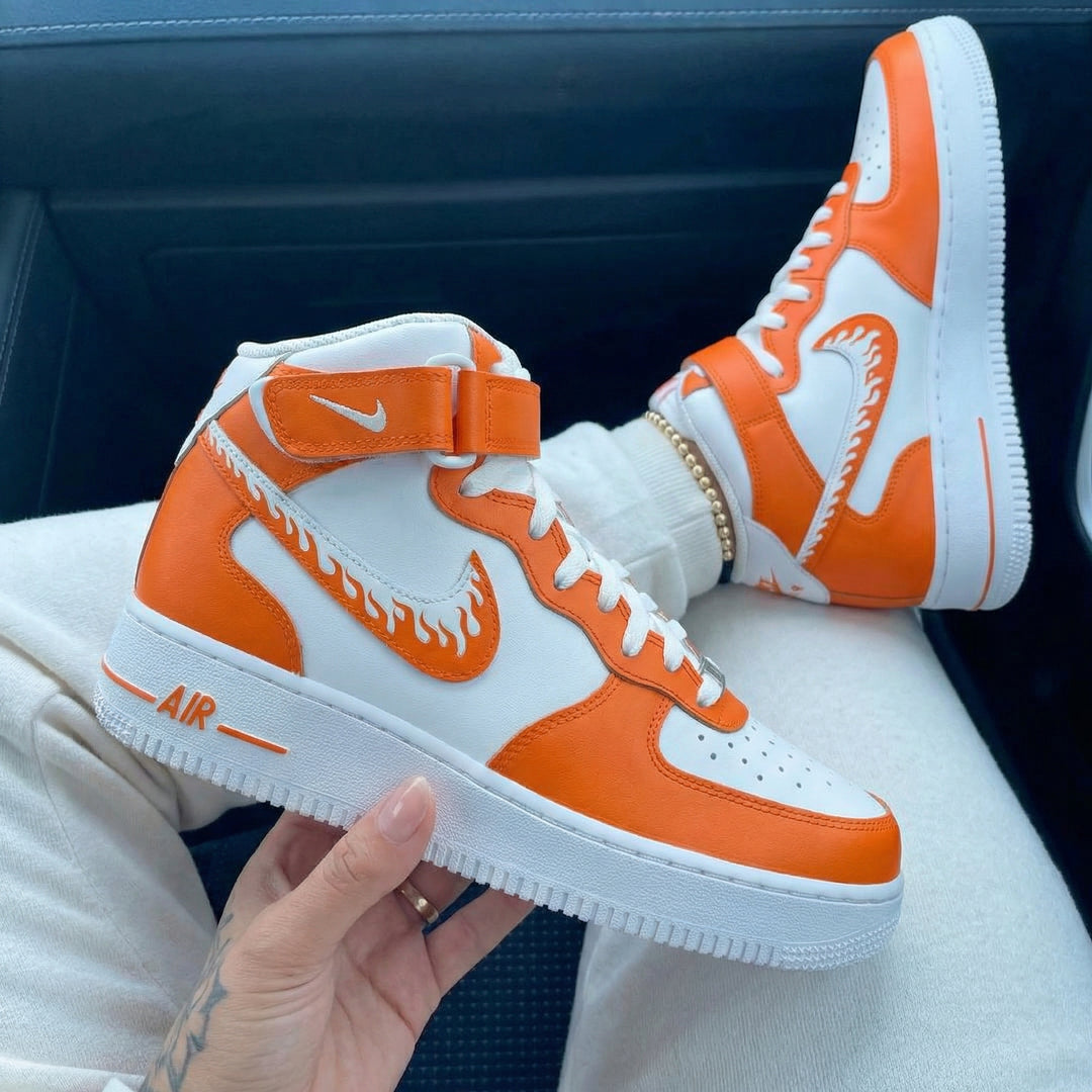 Custom Air Force 1 White Orange Flame Swoosh