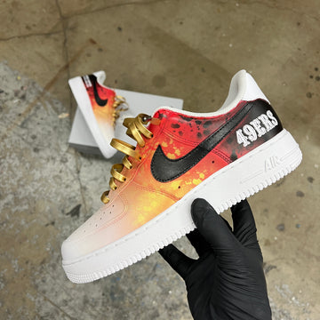 Custom Air Force 1 White Orange With Black Splatter And Gold Details 49ERS Text 