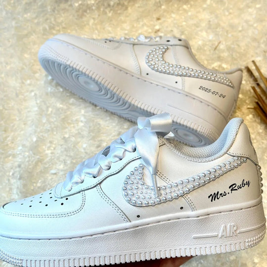 Custom Air Force 1 White Pearl Embellished Swoosh