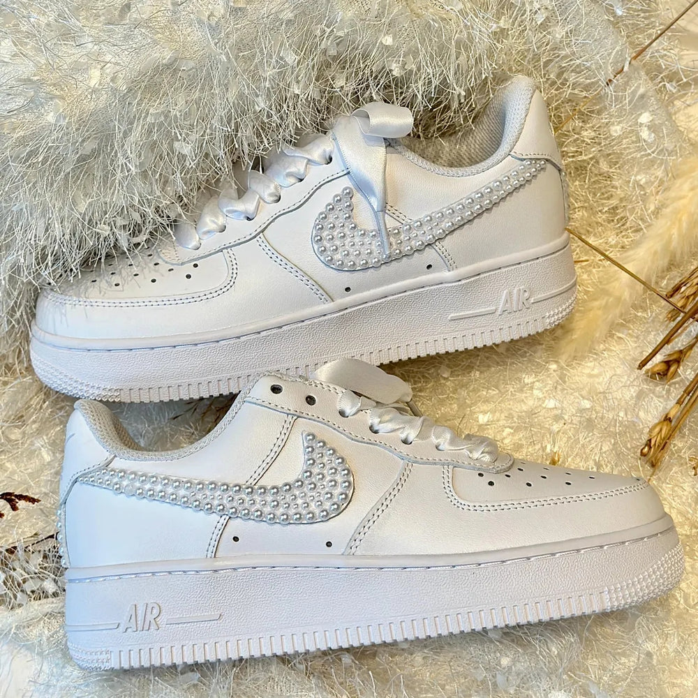 Custom Air Force 1 White Pearl Embellished Swoosh