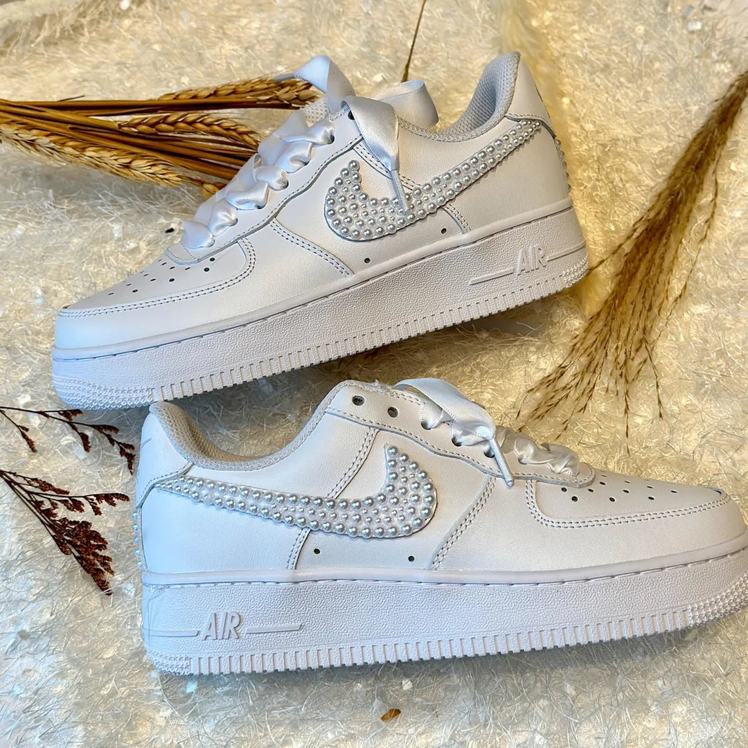 Custom Air Force 1 White Pearl Embellished Swoosh
