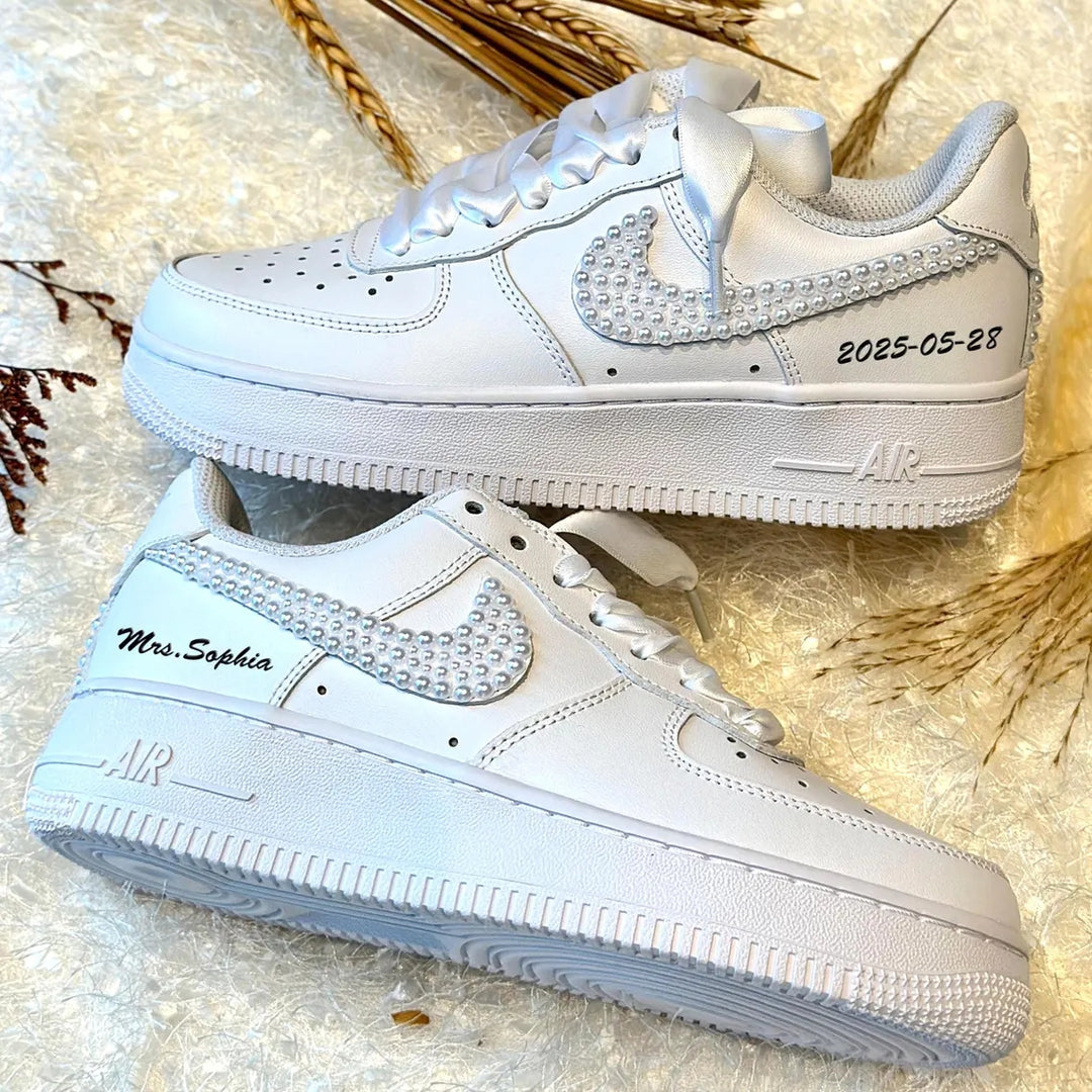 Custom Air Force 1 White Pearl Embellished Swoosh