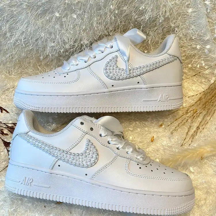 Custom Air Force 1 White Pearl Embellished Swoosh