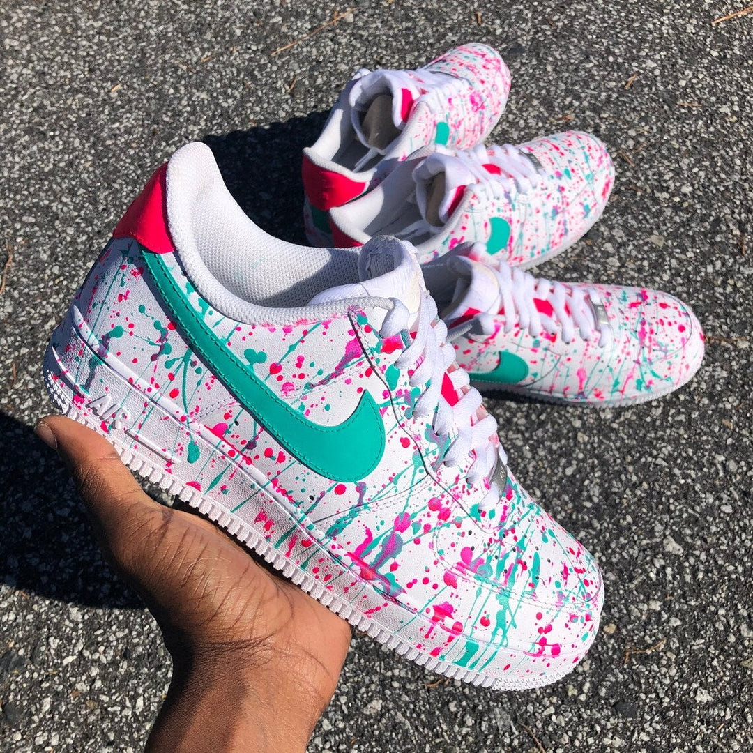Custom Air Force 1 White Pink Teal Splatter Design
