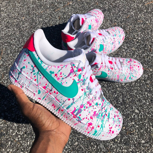 Custom Air Force 1 White Pink Teal Splatter Design
