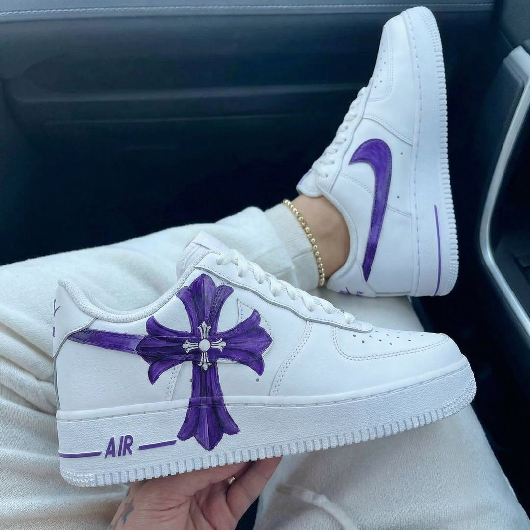 Custom Air Force 1 White Purple Cross Design