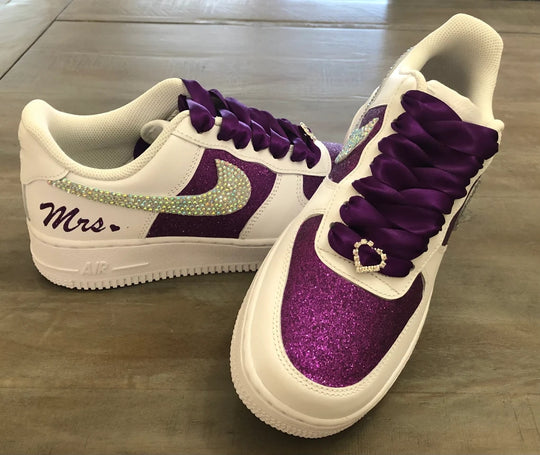 Custom Air Force 1 White Purple Glitter With Rhinestones Swoosh