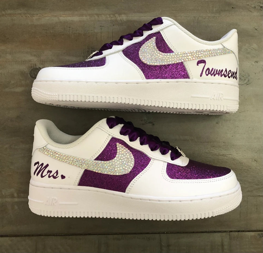 Custom Air Force 1 White Purple Glitter With Rhinestones Swoosh