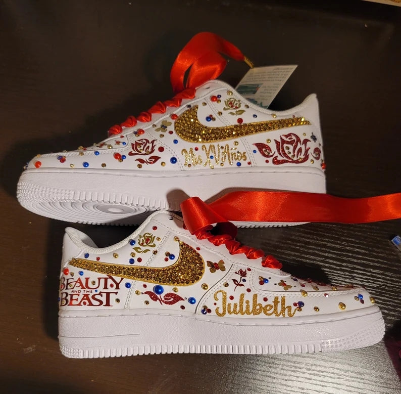 Custom Air Force 1 White Red Gold Rhinestones