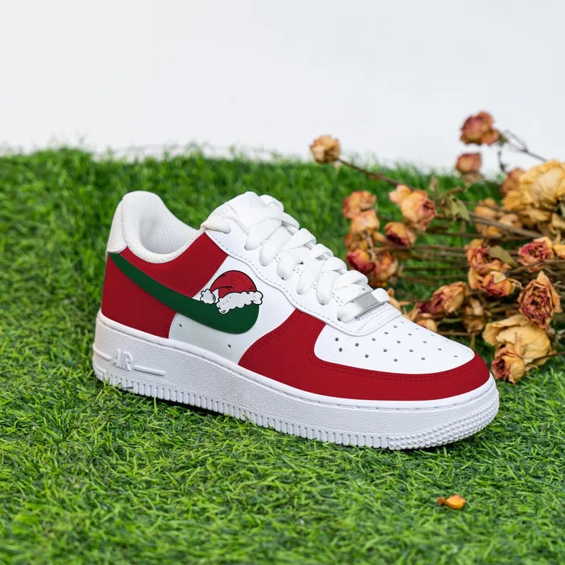 Custom Air Force 1 White Red Green Santa Hat Pattern