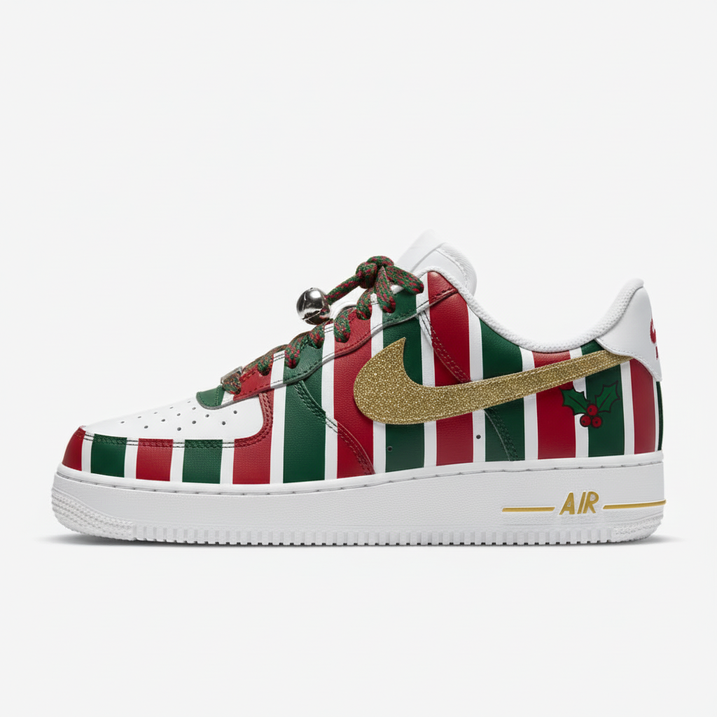 Custom Air Force 1 White Red Green Stripes Holly Pattern