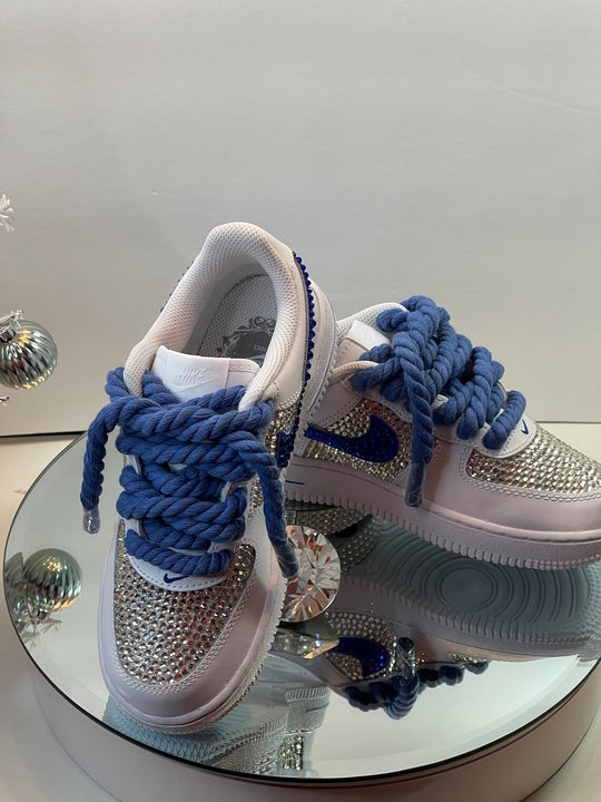 Custom Air Force 1 White Silver Blue Rhinestones Thick Laces