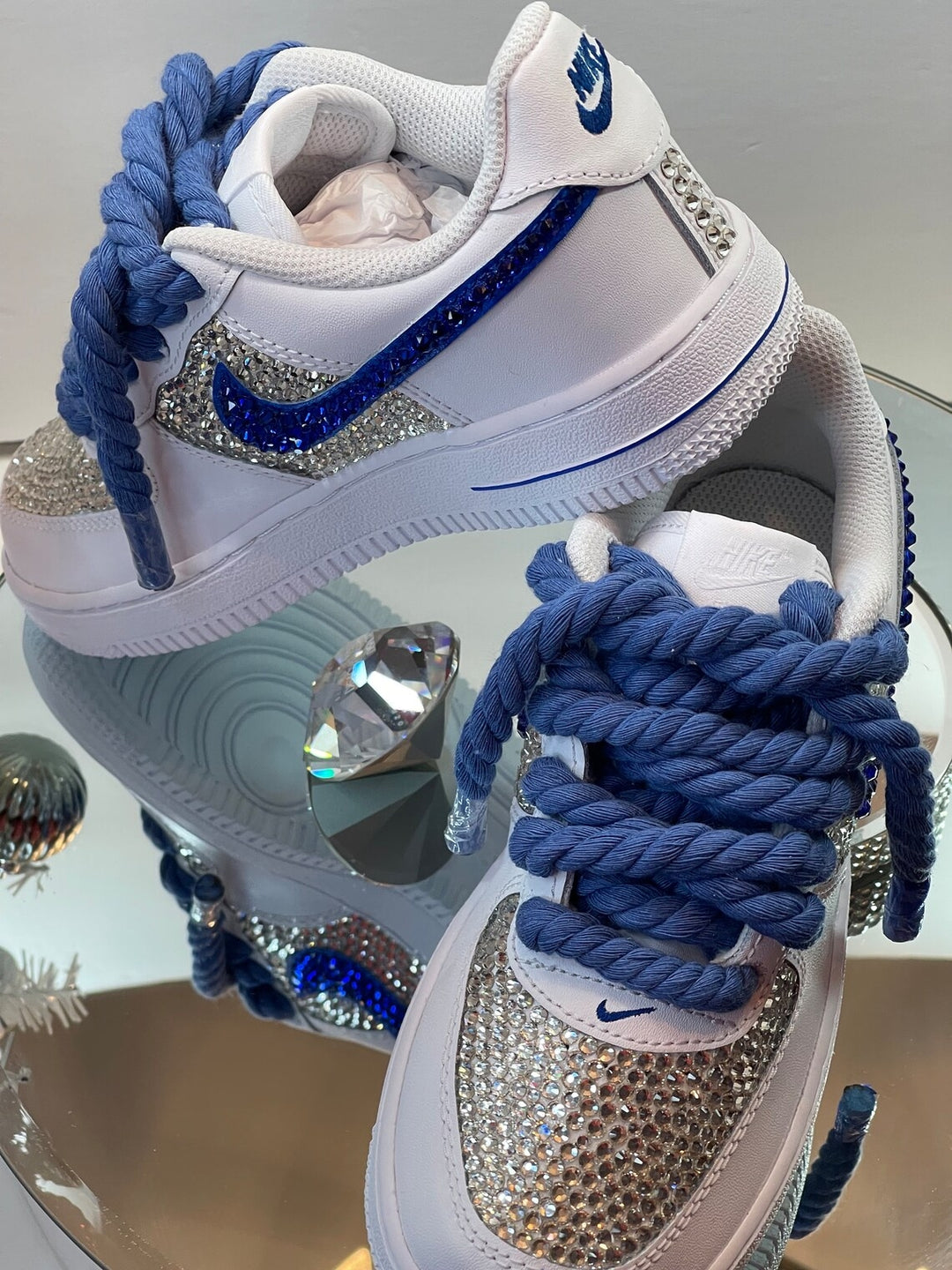 Custom Air Force 1 White Silver Blue Rhinestones Thick Laces