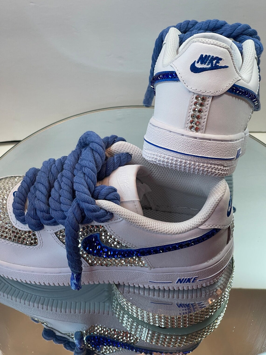 Custom Air Force 1 White Silver Blue Rhinestones Thick Laces