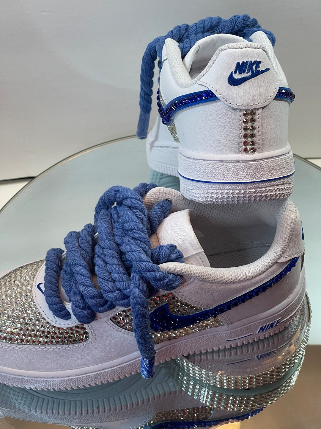 Custom Air Force 1 White Silver Blue Rhinestones Thick Laces