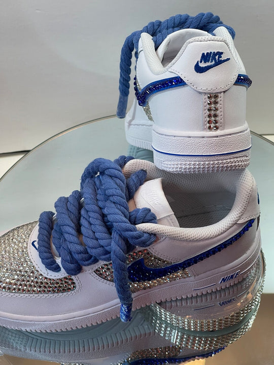 Custom Air Force 1 White Silver Blue Rhinestones Thick Laces