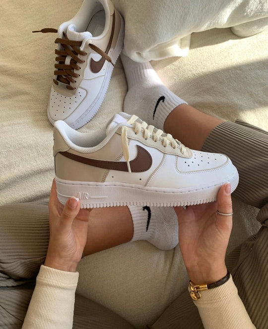 Custom Air Force 1 White Tan Brown Swoosh Design